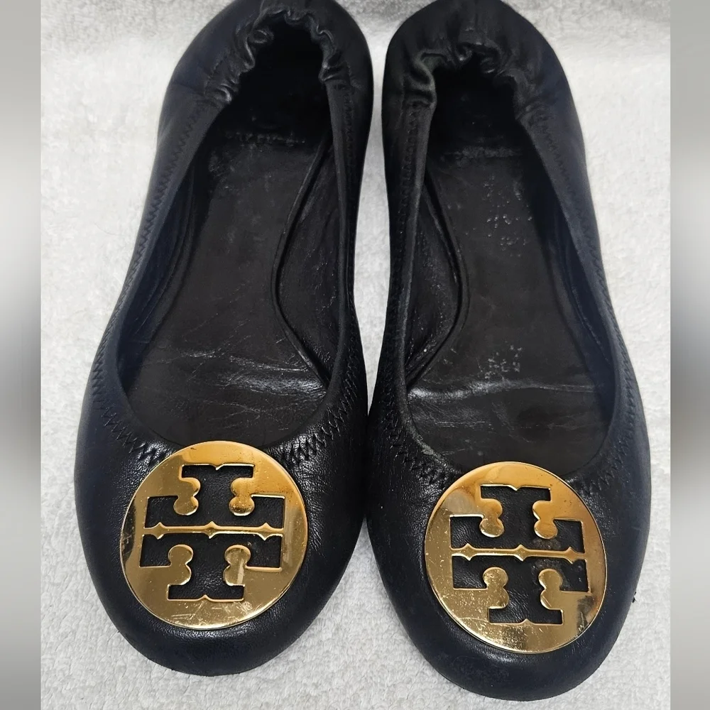 Tory Burch Black Flats with Gold Emblem